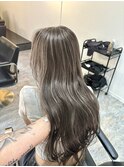 前髪ハイライトカラーこなれミディイメチェンウェーブパーマ