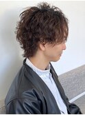 スパイラルパーマ ブラウン ウルフカット メンズパーマ