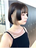 ミニウルフチェリーブラウンブリーチなしショートボブ前髪/横浜