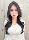 グレージュブラウン/ミディアムレイヤー/韓国巻き/顔周りカット