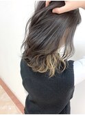 黒髪グラデヘアーオリーブグレー小顔に見せるヘアココアベージュ