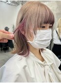 イヤリングカラー前髪ピンクベージュインナーグレージュレイヤー