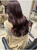 韓国風ロングバーガンディーカラー大人レイヤークセ毛風パーマ