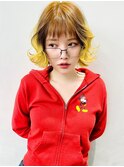 切りっぱなしカーリーボブ×ブラウン×イエロー