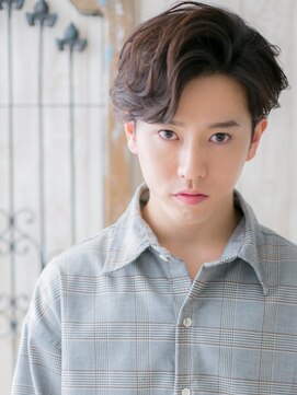 メンズヘア ビーセカンド 草加店(MENS HAIR B-2) かき上げ波打ちパーマダークブラウンツーブロックマッシュa草加