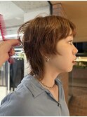 オレンジブラウンブリーチなしダブルカラーショートウルフ