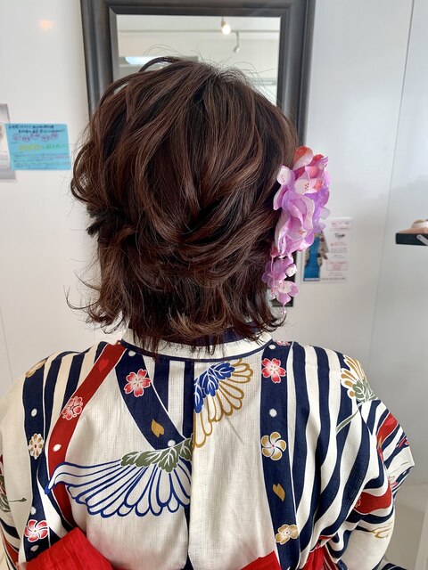 浴衣ヘアアレンジ　着付け　着物　ナチュラルウェーブ　ショート