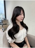 小顔薄めバンググレージュレイヤーロング前髪パーマ黒髪