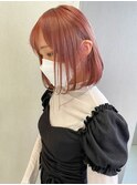 ピンクオレンジ/内巻きボブ/