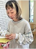 個性的ホワイトベージュメッシュカラー小顔美シルエットボブ