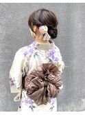 ロングシニヨン　大人アレンジ　浴衣へこ帯お花帯結び