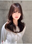 ★丸型逆三角ホワイトグレージュデジタルパーマチェリーブラウン