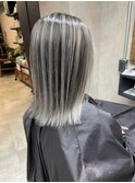 バレイヤージュ、ハイライト、レイヤーロング、グレーベージュ