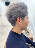 フェザーショートブリーチオールバックパーマシルバーアッシュ◎