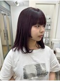 重ためバングx姫カットxワインレッドカラー