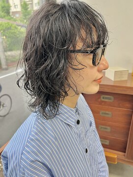 ヘアー アイス 御器所本店(HAIR ICI) ミディアムウルフカットウルフパーマ前髪パーマくびれ抜け感