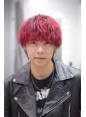 メンズブリーチカラー赤髪ショートウルフラウンドマッシュ