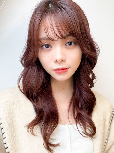 韓国斜めバング美髪シースルーバングこなれヘアピンクブラウン
