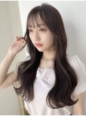 小顔ロングレイヤーカット外ハネウェーブ巻きナチュラルブラウン