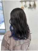 20代30代小顔ゆるふわミディインナーカラーネイビー
