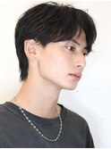 ブルーブラックフェザーパーマセンターパートアップバングメンズ