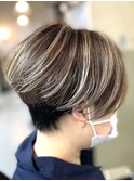 ナチュラルショート/ハイライト白髪ぼかし/40代50代60代透明感