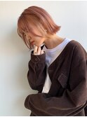 外国人風ミニボブ ピンクアッシュ インナーカラー グレージュ