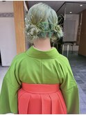 袴　振袖　ヘアアレンジ　卒業式ヘア　ミントグリーン