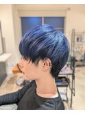 ネイビーブルーカラーショートマッシュ/ケアブリーチ/白髪ぼかし