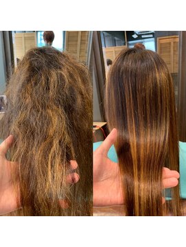 ロアナ 六本木(LOANA ROPPONGI) ハイライトが入っている髪にLOANA縮毛矯正