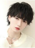 韓国ヘアカルマパーマコンマバングセンターパート黒髪ウルフ