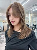 顔周りレイヤーロングウルフカットオリーブベージュ_ba578151