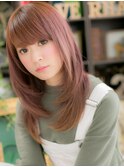 ピンクベージュ斜めバング小顔エアストレートa志木20代30代40代