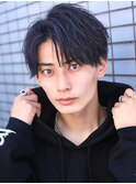 メンズアップバングブルーブラックショートレイヤーツーブロック