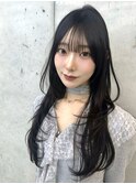 美髪ブルーブラック韓国レイヤー小顔ロングセミディ顔周り前髪