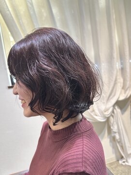 ワ ヘアー(wa-hair) ショートボブパーマ ワインレッド チェリーレッド 髪質改善