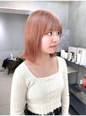 オレンジベージュ/ボブ/オレンジピンク/切りっぱなし