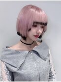 15125ブリーチ＆ダブルカラー袖カラーピンク切りっぱなしボブ