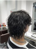 波巻きパーマウルフ刈り上げツーブロ黒髪メンズヘア仙台