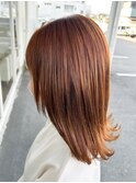 20代30代/ロブヘア/ミディアム/ハイカラー/オレンジ
