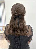 ハーフアップヘアアレンジセット結婚式お呼ばれふわふわリボン春