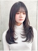 グレージュブラウン/ミディアムレイヤー/韓国巻き/顔周りカット