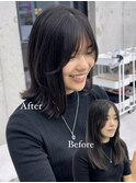 美髪カールピンクブラウンヘアメイクセミディ似合わせ前髪