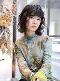 くせ毛風/前髪パーマ/ボブパーマ/アッシュブラック/センター北