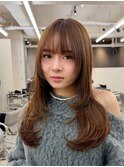 王道かわいいシースルーバングレイヤーハッシュカットグレージュ