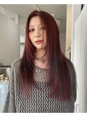 赤髪ロングワインレッド10代20代レイヤーカット髪質改善