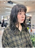 ミディアムレイヤーカットボブパーマアッシュブラック前髪パーマ