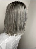 ハイトーンカラー_マロンベージュ Aラインボブ かきあげ