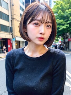 ムウ 難波(MOU) ナチュラルボブルフ黒髪ネビージュ小顔ワンレン20代30代40代50代