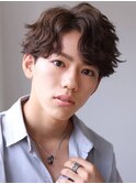 アッシュブラック波巻きツーブロックマッシュパーマのMEN'S HAIR